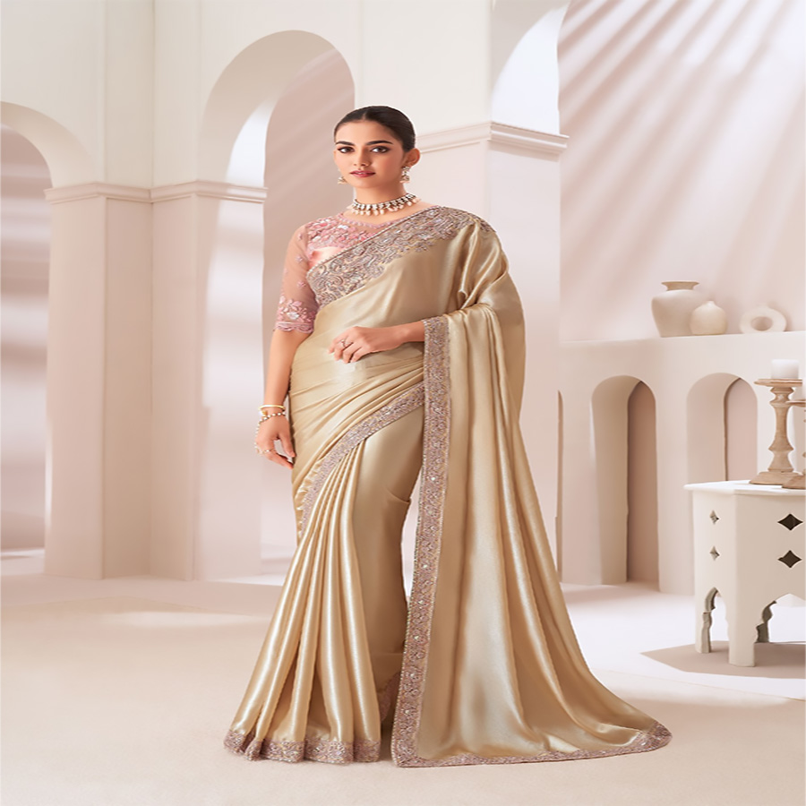 Golden Sartin silk Partywear Saree